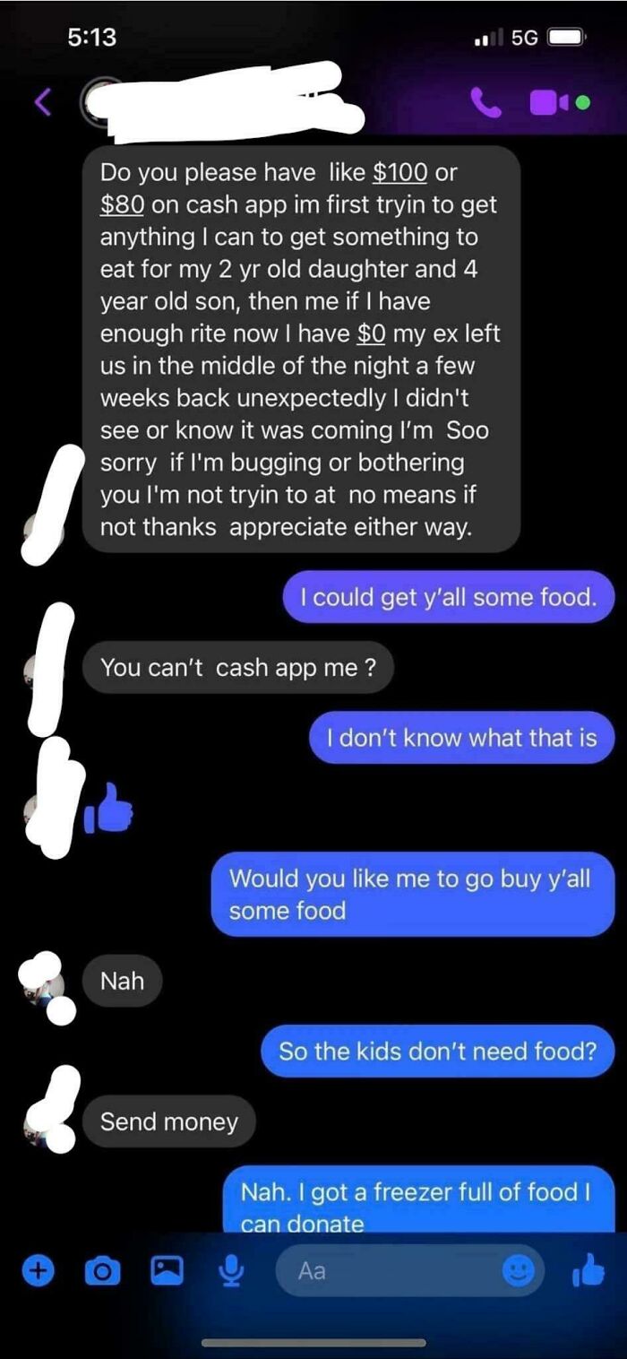 A text conversation showing outrageous requests for money instead of offered food for children.