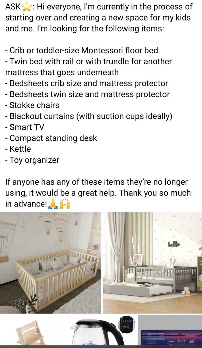 An image displaying a list of items for a new space, highlighting outrageous requests for free goods.