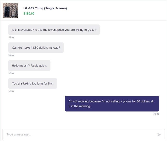 A screenshot of a text conversation showing outrageous requests for a phone at a very low price.