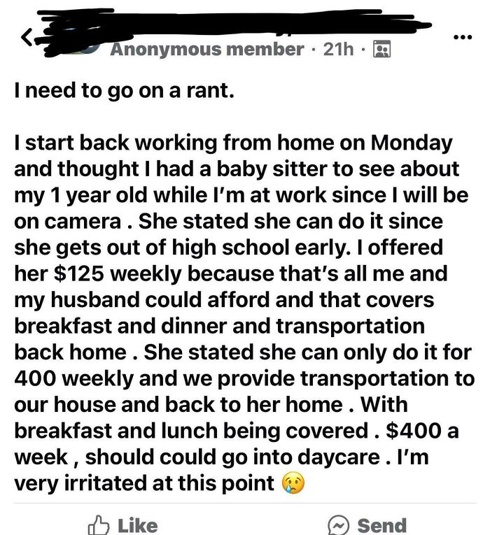 A social media post about an outrageous request for babysitting services at an unreasonable price.