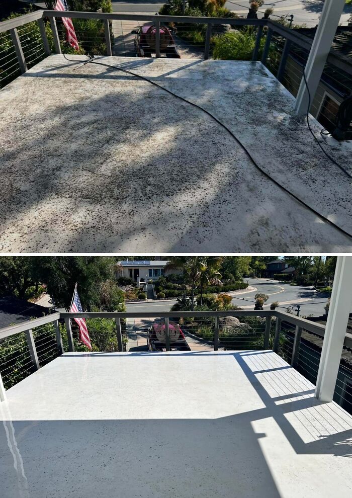 Before and after power washing a large outdoor deck, showing a dramatic clean of the surface.