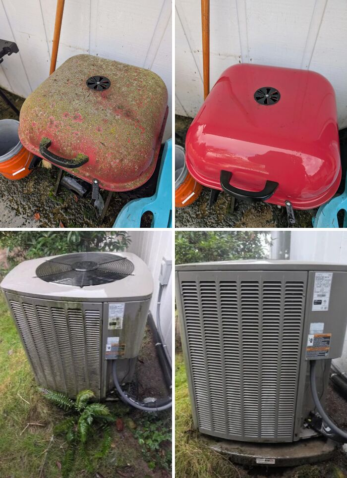 Satisfying power washing before and after of a red grill and an HVAC unit.