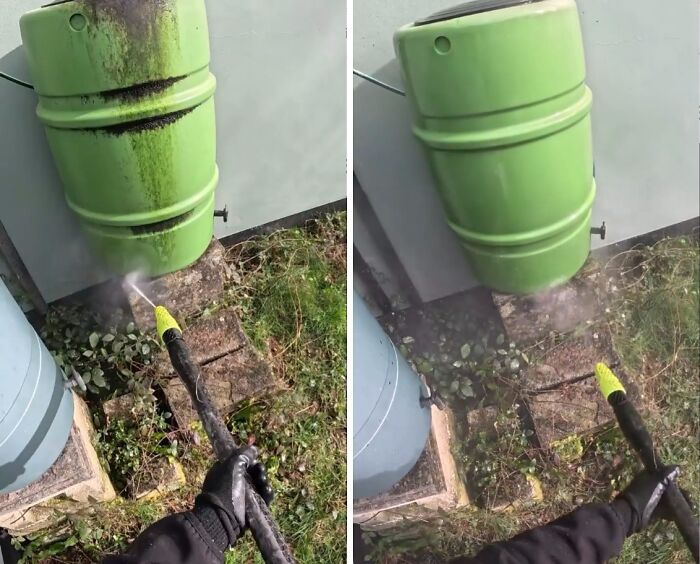 Power washing a dirty green rain barrel to make it clean and look fun.