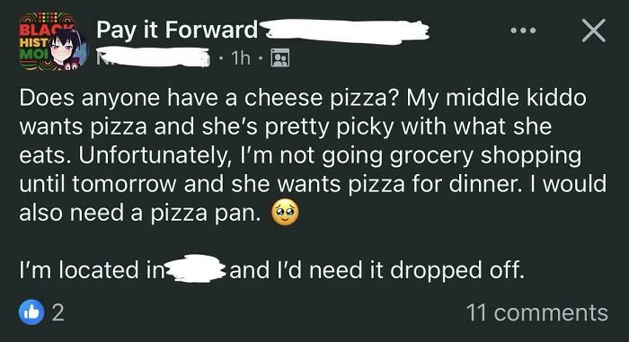A social media post showing an outrageous request for a free cheese pizza and pizza pan.