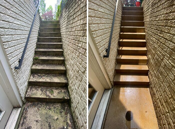 Satisfying power washing of a dirty outdoor staircase and brick wall, before and after cleaning.