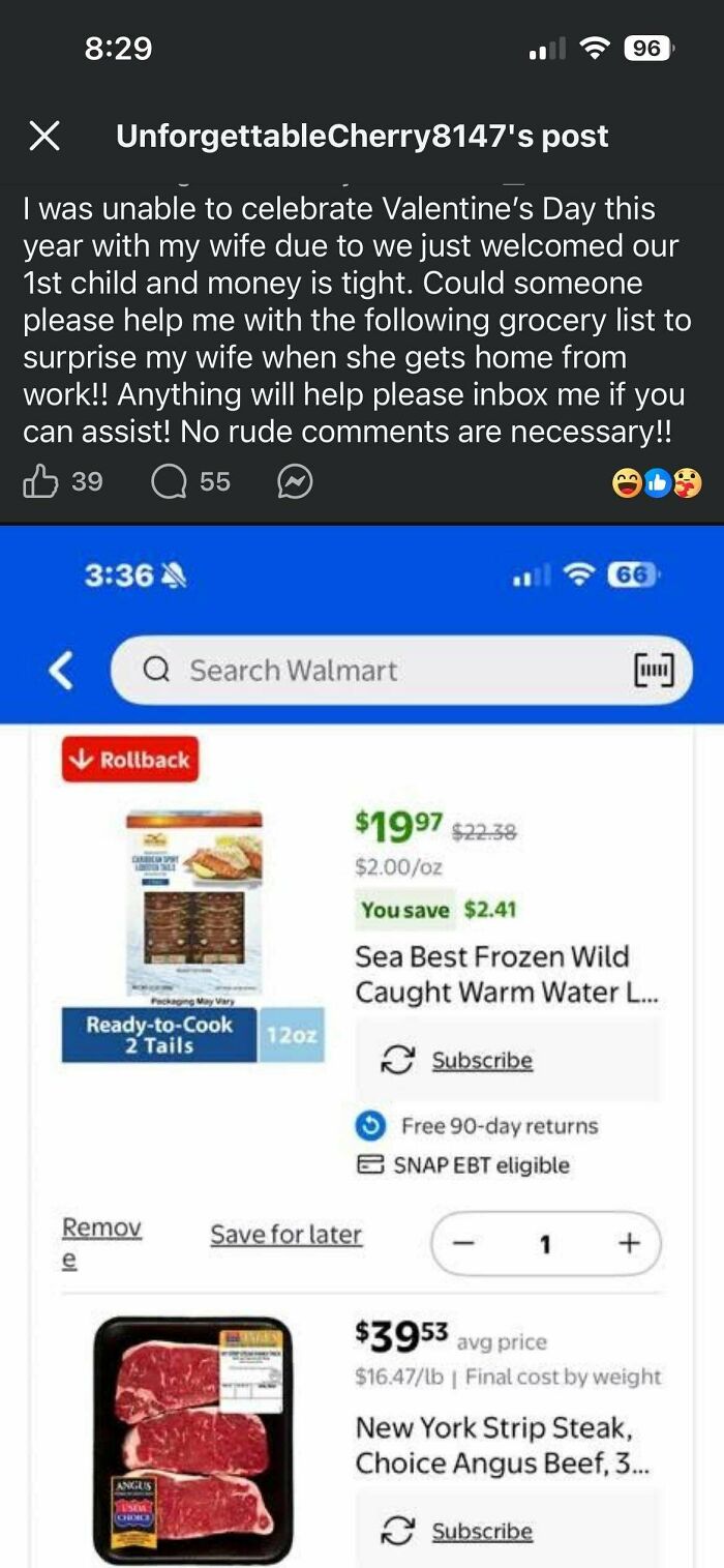 A social media post with an outrageous request for groceries due to tight money, highlighting a misunderstanding of how money works.