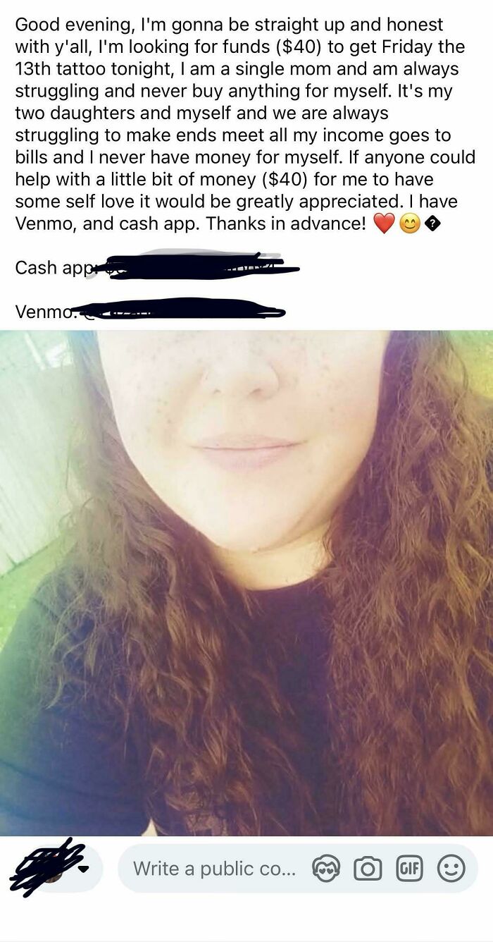 A social media post showing an outrageous request from a woman asking for $40 for a tattoo, illustrating a misunderstanding of how money works.