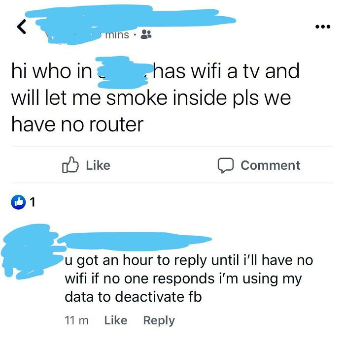 A social media post with an outrageous request for WiFi, TV, and permission to smoke indoors, reflecting a misunderstanding of how money works.