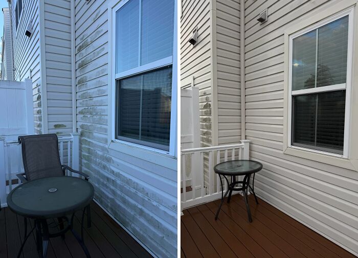 Power washing revitalizes dirty house siding and a deck area, making them look new.