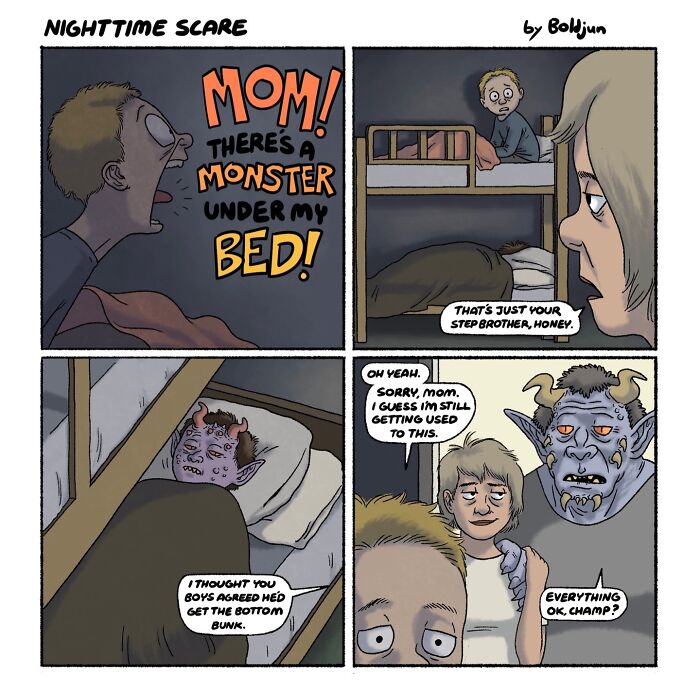 Dark and funny comic about a boy discovering his monster step-brother under his bed.