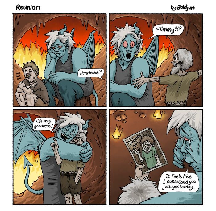 Dark and funny comic depicting a demon reuniting with a human he possessed in a cave.