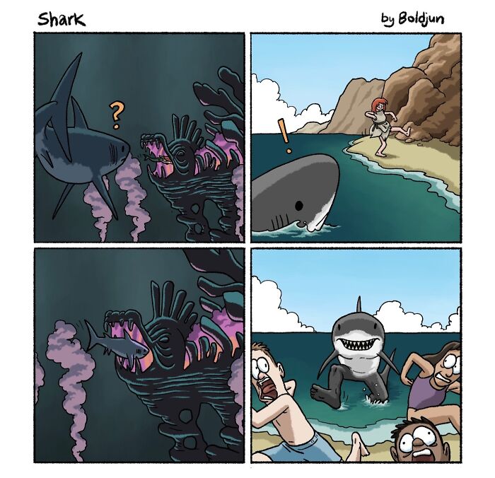 A dark and funny comic about a shark swallowing a sea monster that then transforms it into a bipedal shark man terrorizing a beach.