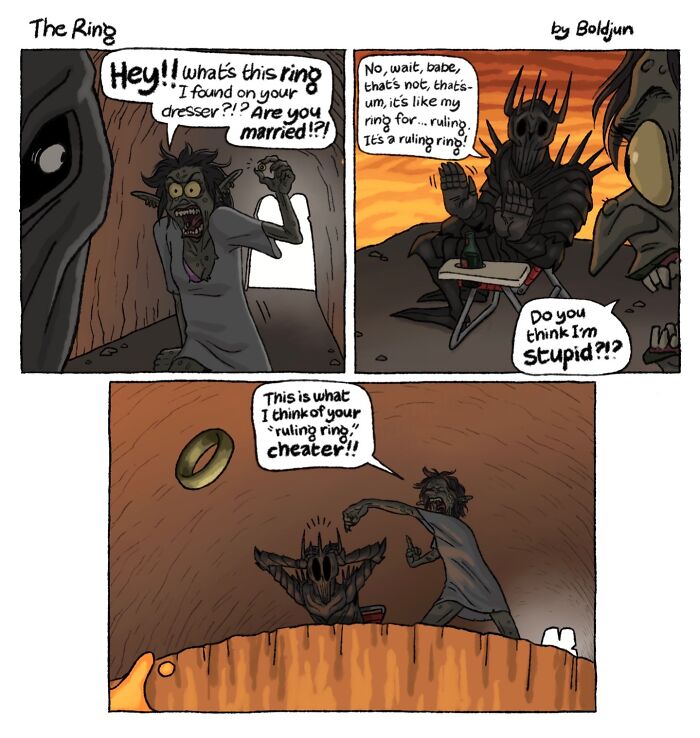A pop culture comic with dark humor showing a goblin confronting Sauron about a ring, believing it's a wedding ring.