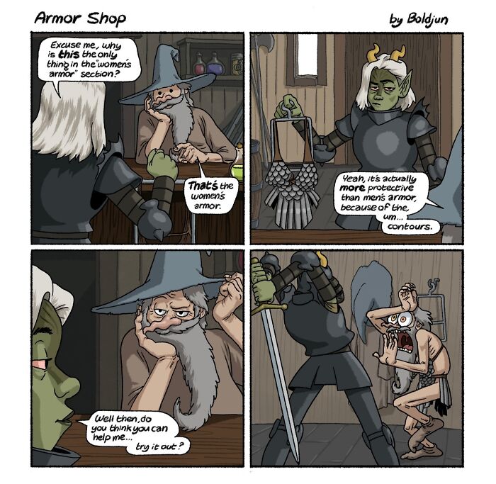 A dark humor fantasy comic where an elf asks a wizard for help trying on women's armor at an armor shop.