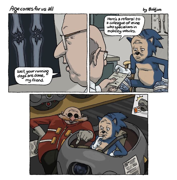 A dark and funny comic showing an aged Sonic the Hedgehog in a wheelchair getting a referral for mobility vehicles from a doctor, then racing Eggman in a vehicle.