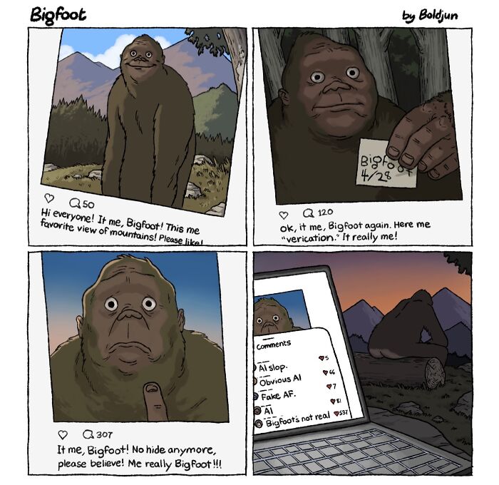A dark and funny comic about Bigfoot trying to prove his identity on social media, with people commenting that he is AI and not real.