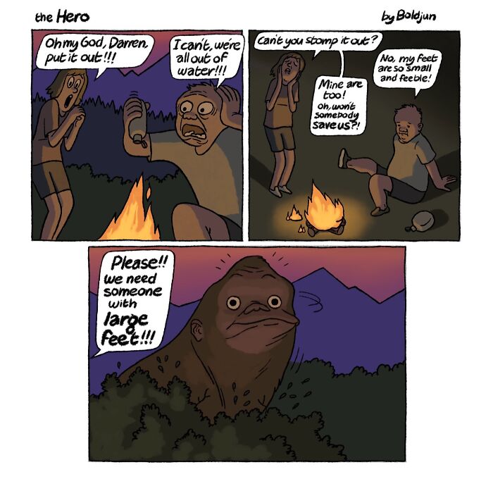 A dark and funny comic showing two campers struggling to put out a campfire and calling for someone with large feet, as Bigfoot appears from the bushes.
