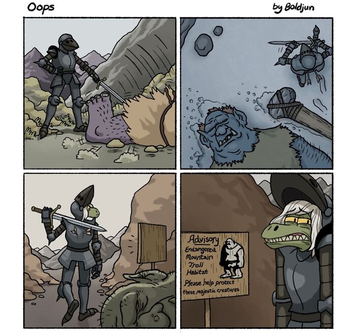 A dark and funny comic showing a knight accidentally attacking a mountain troll and then reading an advisory sign about endangered mountain troll habitat.