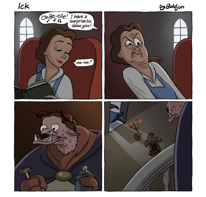 A dark and funny comic featuring Belle from Beauty and the Beast reacting to a grotesque Beast, highlighting dark humor.