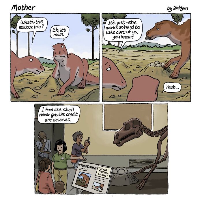 A dark and funny comic showing dinosaurs discussing motherhood, with a museum exhibit on good mother lizards.