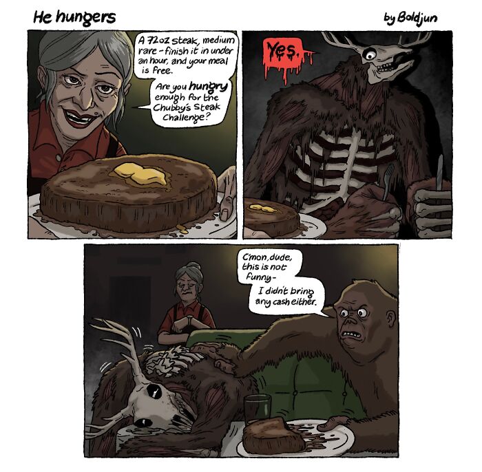 A funny comic with dark humor featuring a skeletal monster at a restaurant, trying to finish a steak challenge.