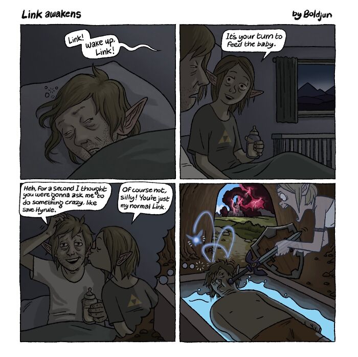 A dark and funny comic featuring Link from Zelda waking up to feed a baby, showcasing pop culture and fantasy.
