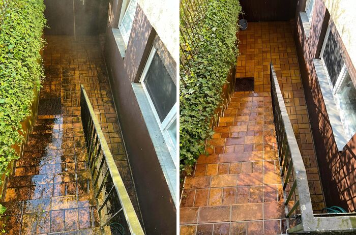 Before and after images of power washing a tiled outdoor staircase, transforming it from grimy to clean.