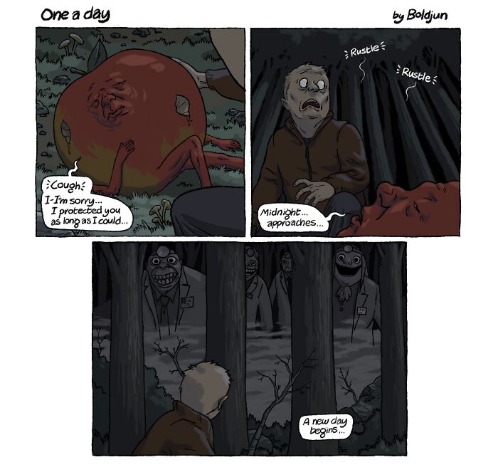A dark and funny comic showing a man in a forest with monstrous doctors, exploring dark humor.