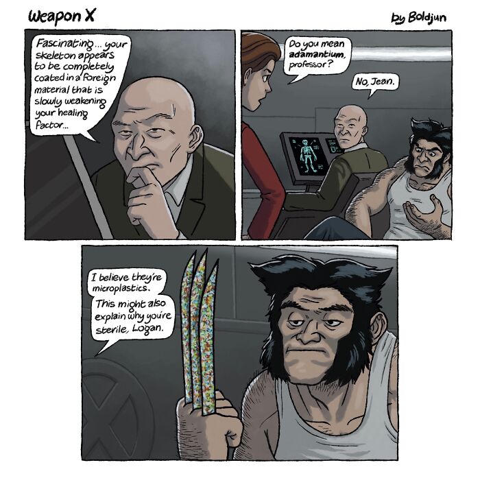 A dark and funny comic of Wolverine with plastic claws, blending dark humor, fantasy, and pop culture.