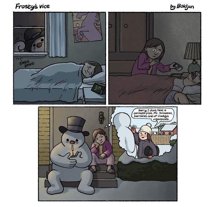 A dark and funny comic with Frosty the Snowman smoking, a dark humor take on a pop culture character.