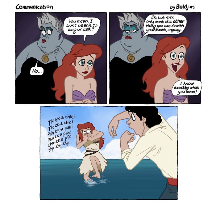 A dark and funny comic of Ariel and Ursula from The Little Mermaid, a pop culture reference with dark humor.