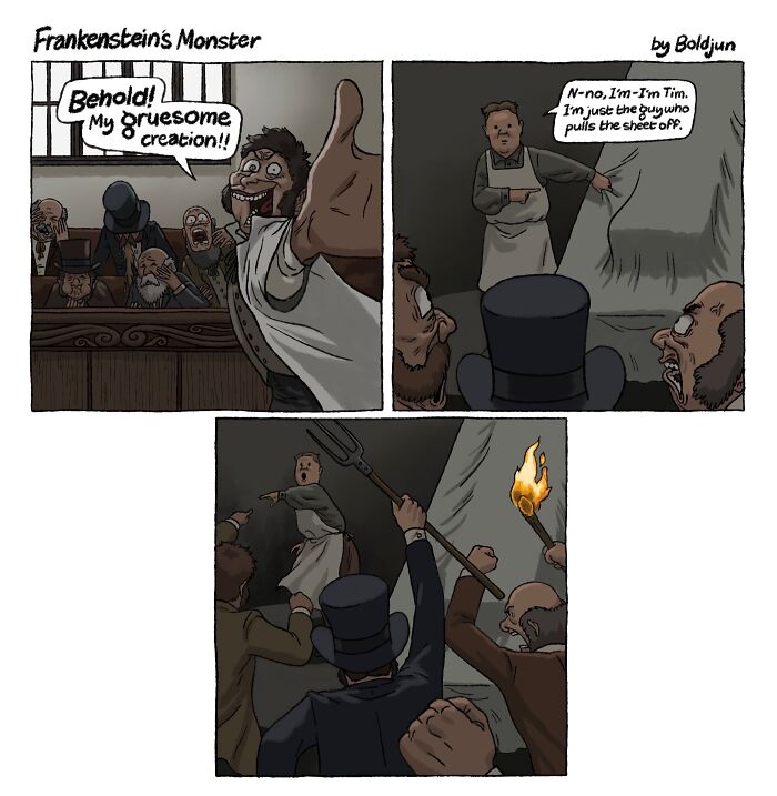 A dark and funny comic featuring Frankenstein's monster and creator, showcasing dark humor and pop culture.