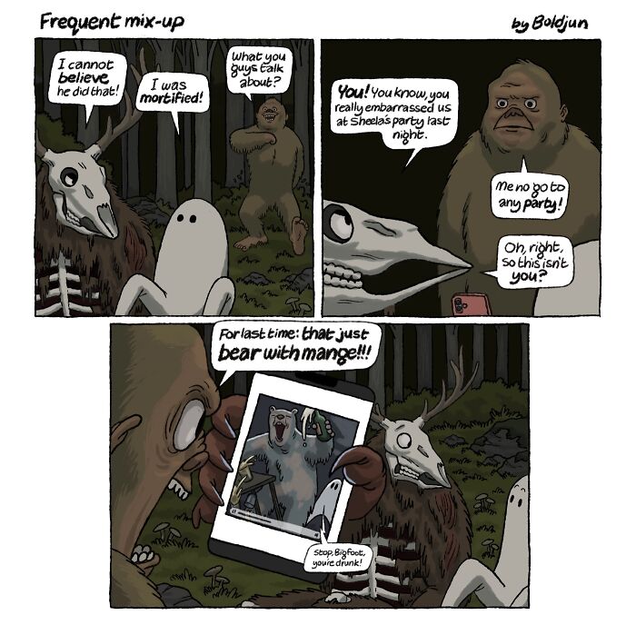 A dark and funny comic showing Bigfoot being confused with a bear, illustrating dark humor and fantasy.
