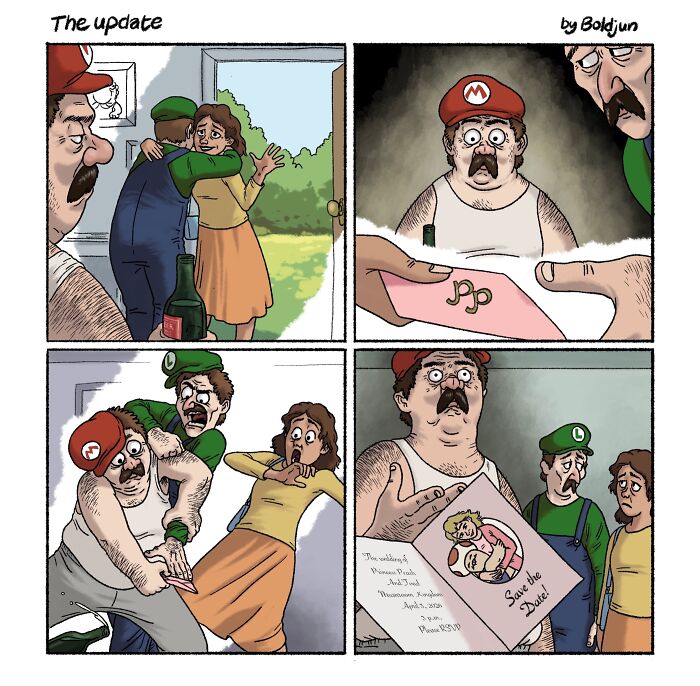 Funny comic showing Mario and Luigi reacting to a wedding invitation featuring Princess Peach and Toad.