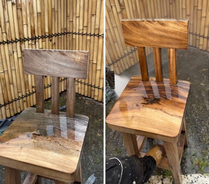 A before and after of power washing a wooden chair, restoring its natural color and clean finish.