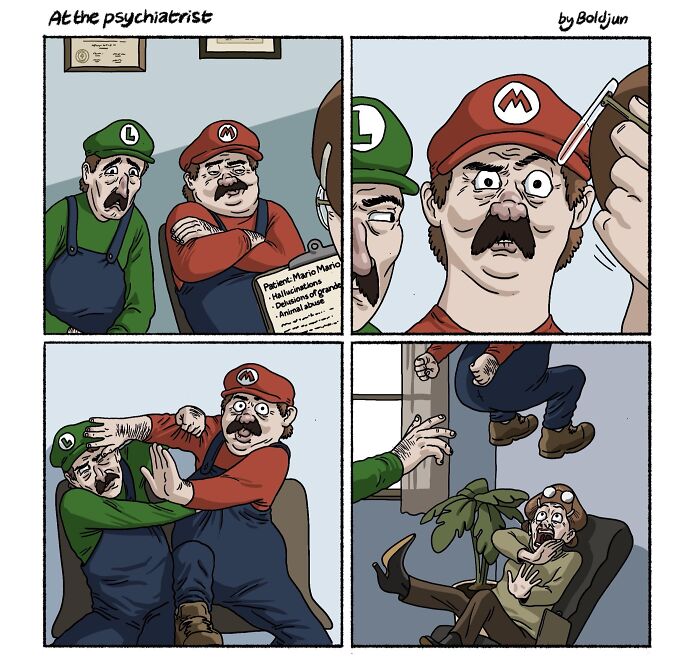 Funny comic showing Mario and Luigi at a psychiatrist appointment, with Mario having a violent outburst.