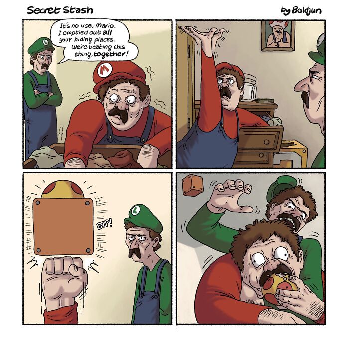 Funny comic depicting Luigi confronting Mario, who is hiding and then eating a mushroom to power up.