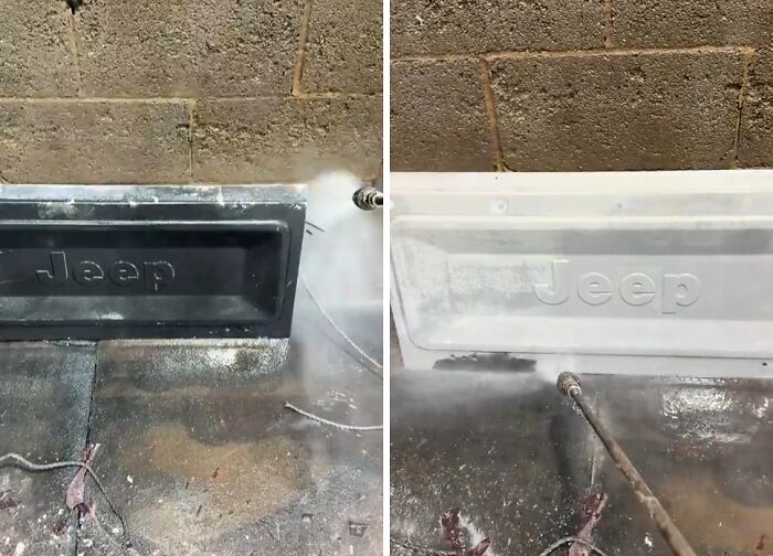 Power washing a Jeep emblem, demonstrating the cleaning power on a weathered surface for a satisfying look.