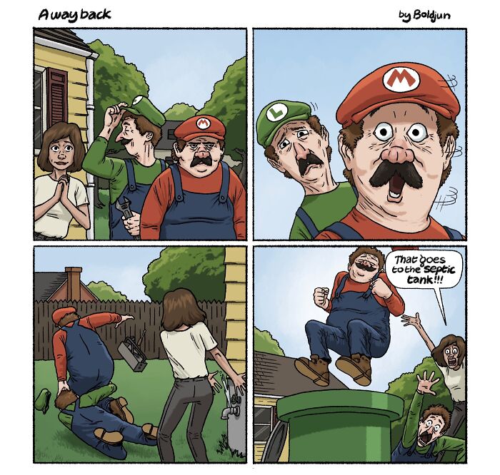 Funny comic showing Mario and Luigi in a backyard, with Mario about to jump into a septic tank.