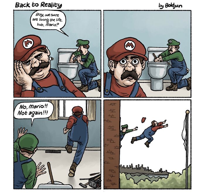Funny comic showing Mario and Luigi plunging a toilet, with Mario eventually jumping into a pipe to escape reality.