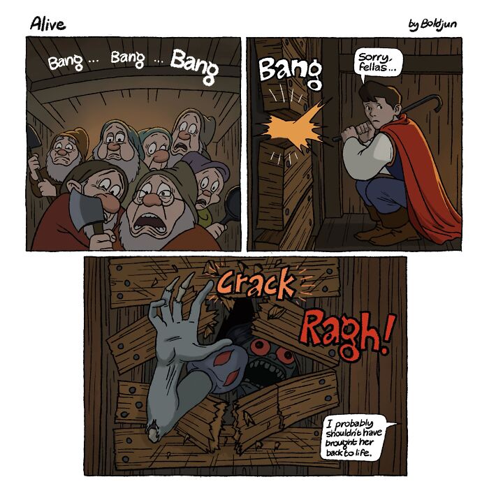 A dark humor comic depicting a prince shooting at a door as Snow White's corpse breaks through, blending fantasy and pop culture.