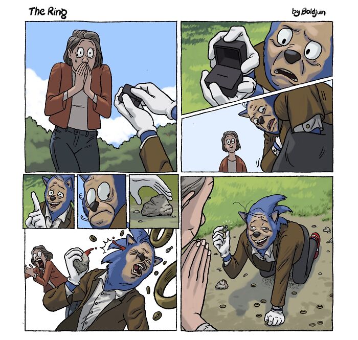 A comic depicting Sonic the Hedgehog proposing and reacting to a ring, an example of dark humor and fantasy.