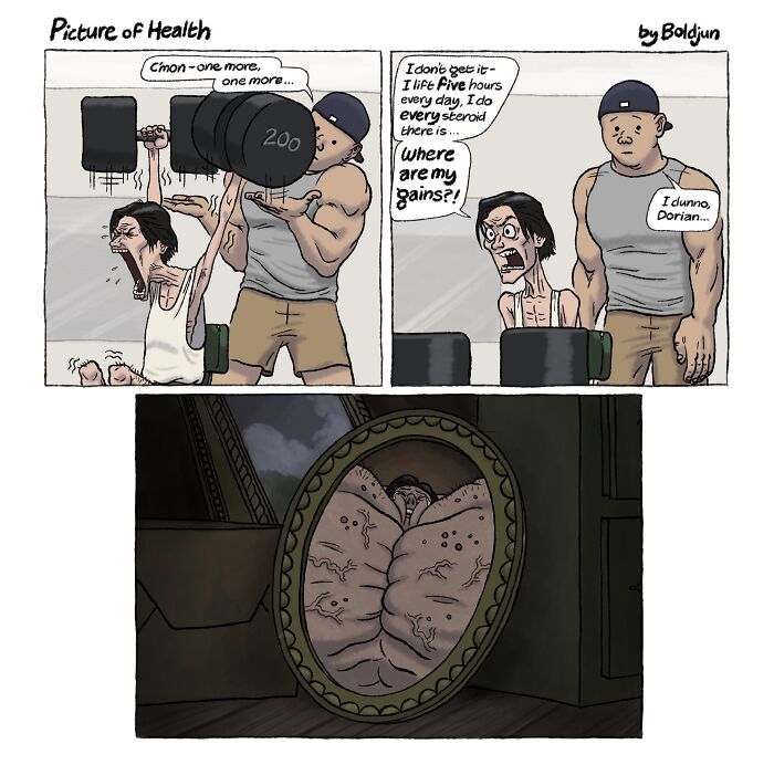 A dark and funny comic about a bodybuilder struggling to gain muscle, depicting a distorted reflection with dark humor.
