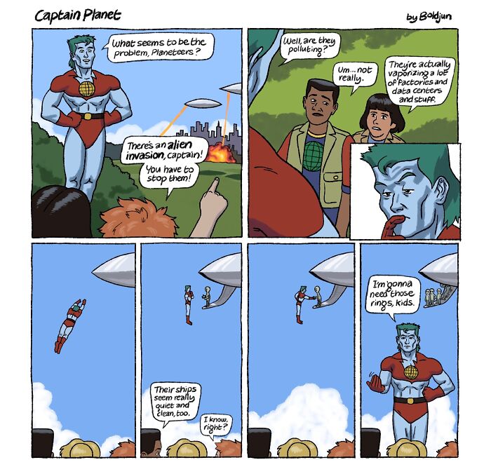A comic where Captain Planet confronts alien invaders, showcasing dark humor and fantasy with pop culture references.