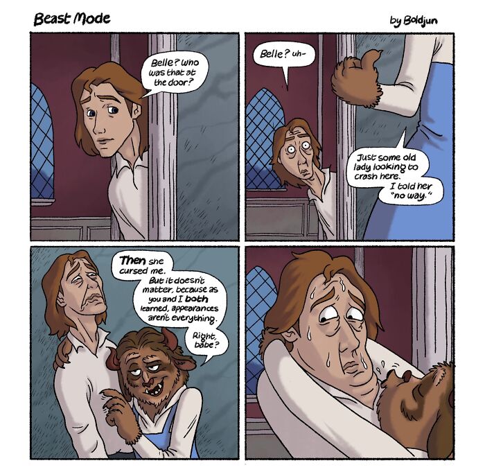 A dark humor comic about Beast from Beauty and the Beast explaining his curse to Belle, featuring pop culture elements.