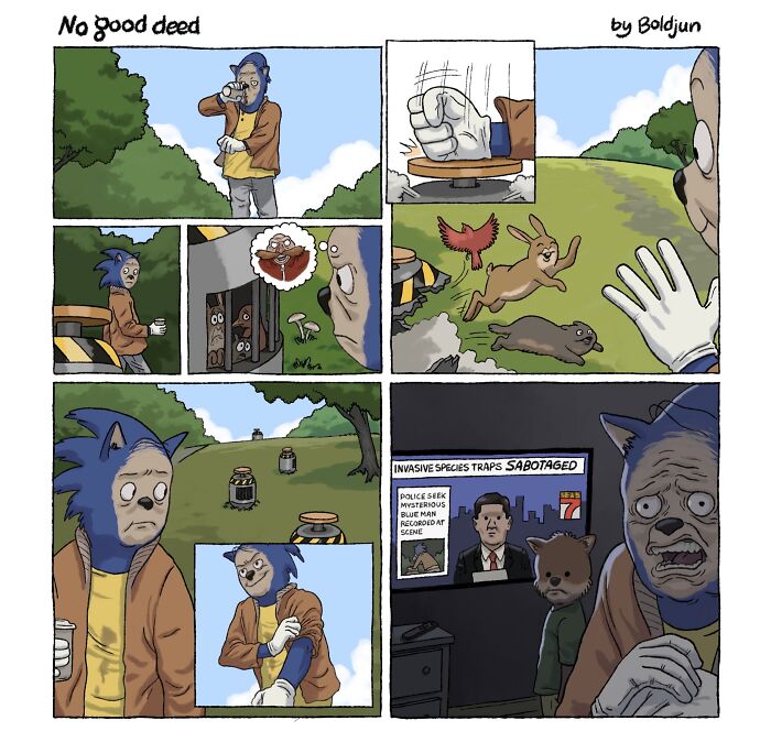 A comic featuring a blue hedgehog-like character caught after sabotaging traps, blending dark humor and fantasy.