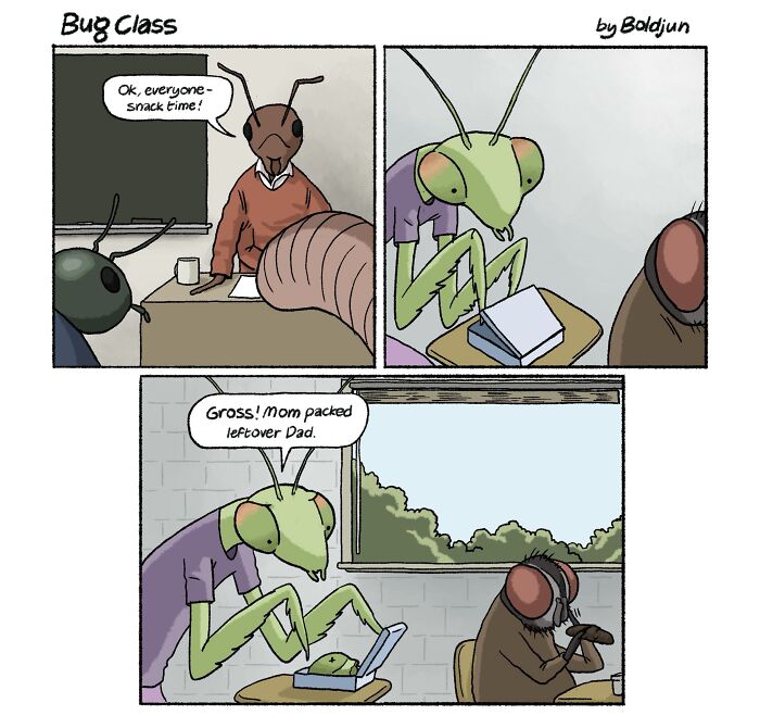 A comic of a praying mantis eating its dad for snack time in bug class, an example of dark humor.