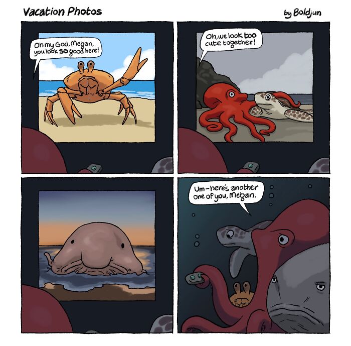 A comic showing sea creatures looking at vacation photos, an example of dark humor and fantasy.