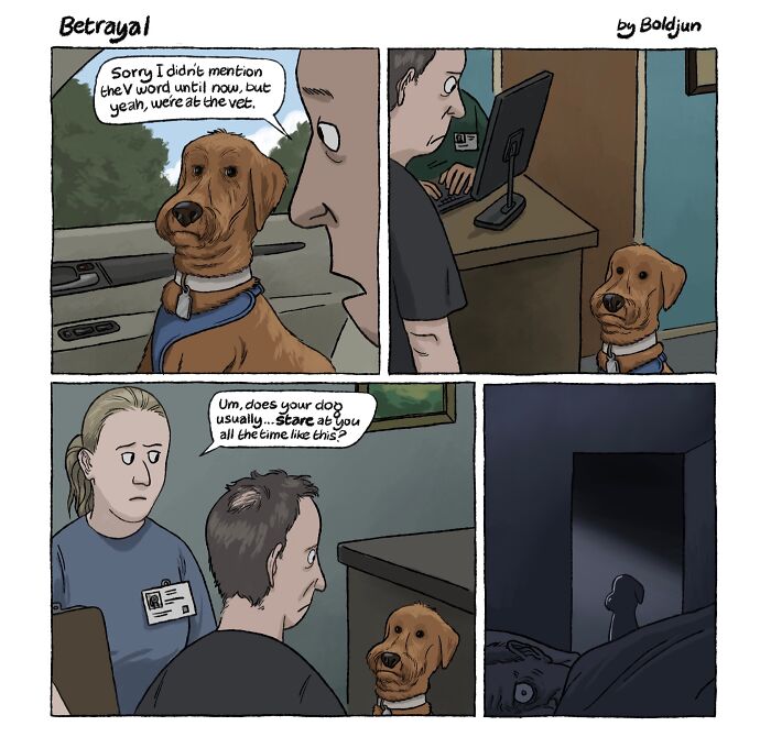 A comic of a dog at the vet, staring menacingly at its owner, showcasing dark humor.