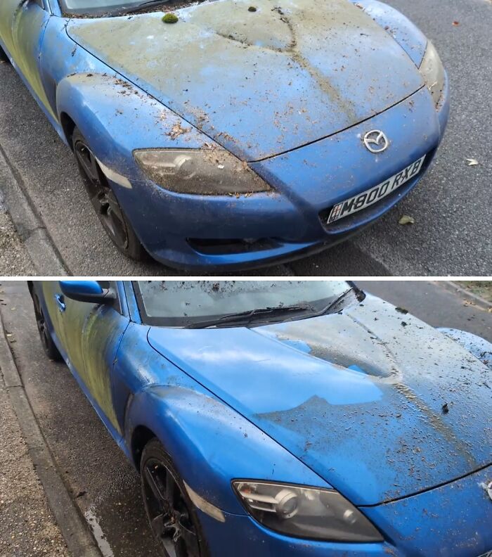 A before and after image of power washing a very dirty blue sports car, revealing its cleaner appearance.